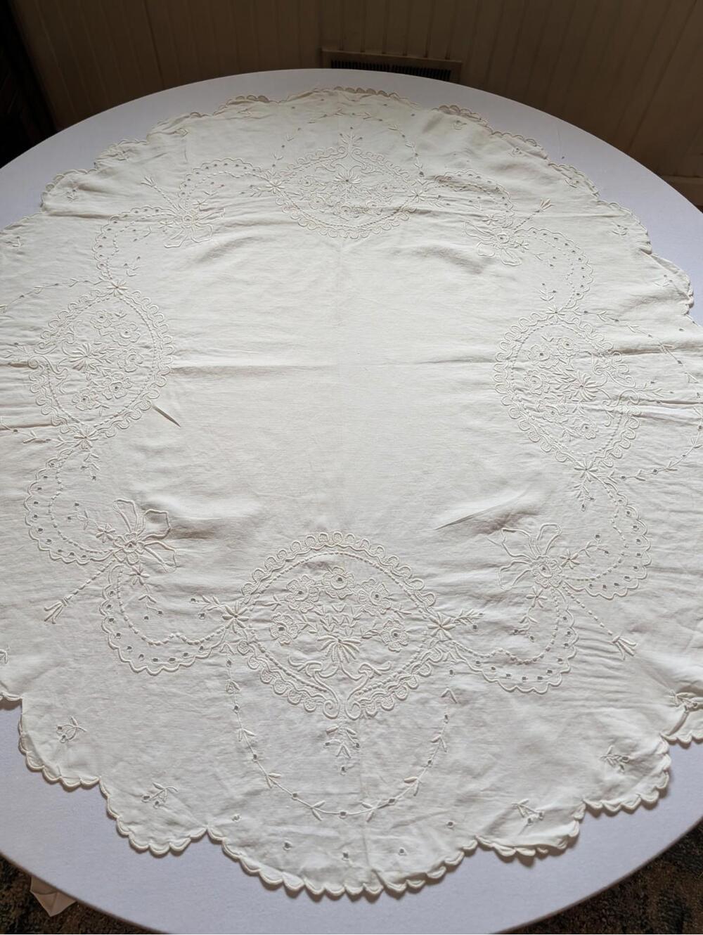 Vintage Classic Hand Embroidered 36" Round Floral Design Tablecloth